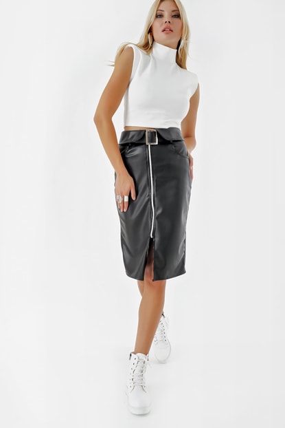 Detailed Zipper Black Leather Skirt
