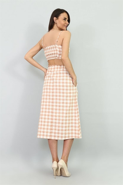 Brown plaid pattern Set Crop Tops & Skirts