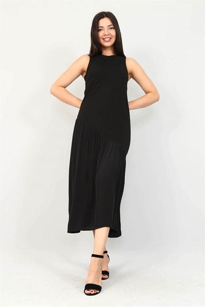 Slit Skirts Asymmetric Dress Black Satin Details