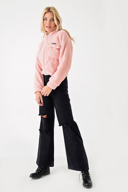Pink Plush Zippered Pocket Detail Jacket