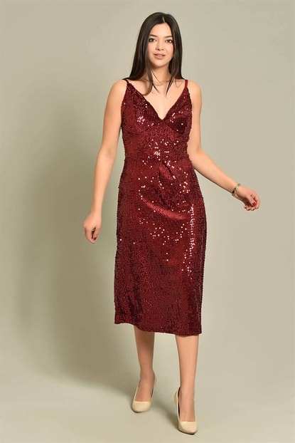 Bordeaux Hanging Rope Stamp Sequin Dress Length Midi