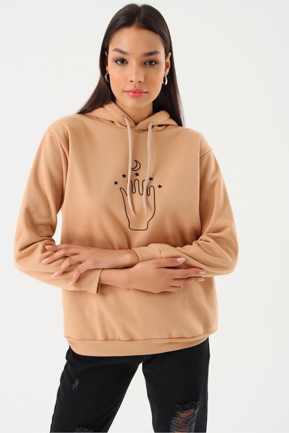 Printed Beige Hooded Sweatshirt bias