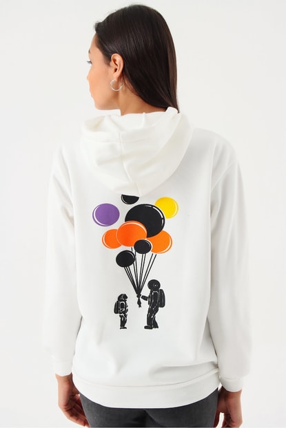 White Hooded Sweatshirt bias Printed Balloon