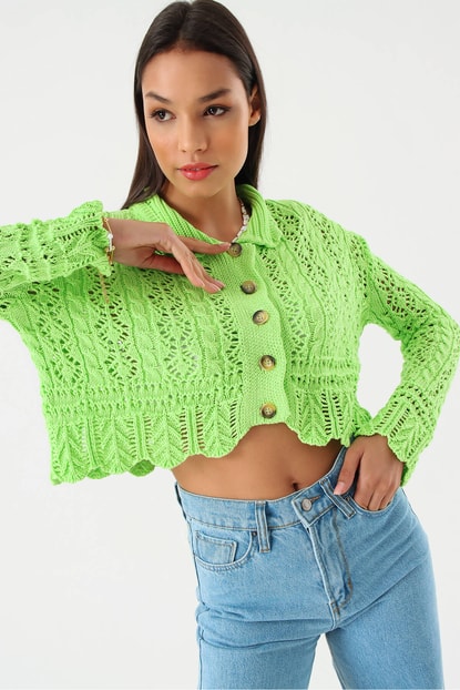 Perforated Green Button Cardigan Sweater