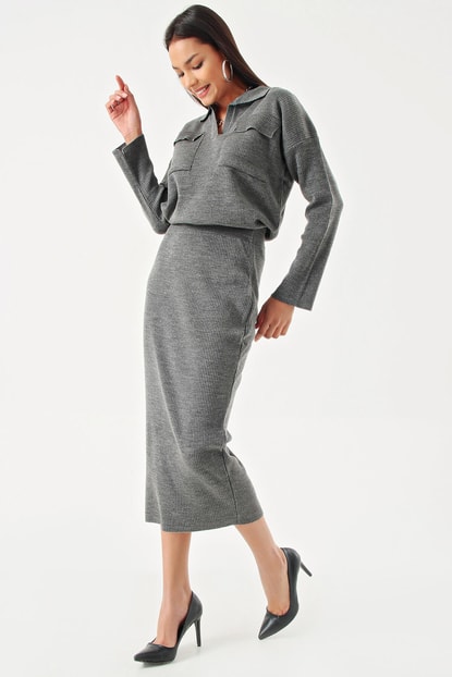 Gray Sweater Blouse Skirt Set