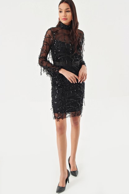 FM Stamps Black Sequin Mini Evening Dress Large Size