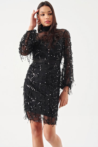 FM Stamps Black Sequin Mini Evening Dress Large Size