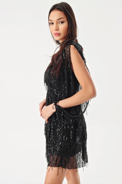 Handles Black Sequin Evening Dress Slit Pula