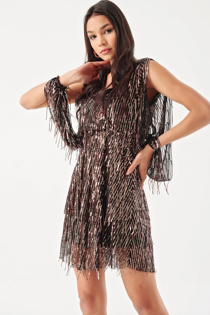 Bronze Handles Black Sequin Evening Dress Slit Pula
