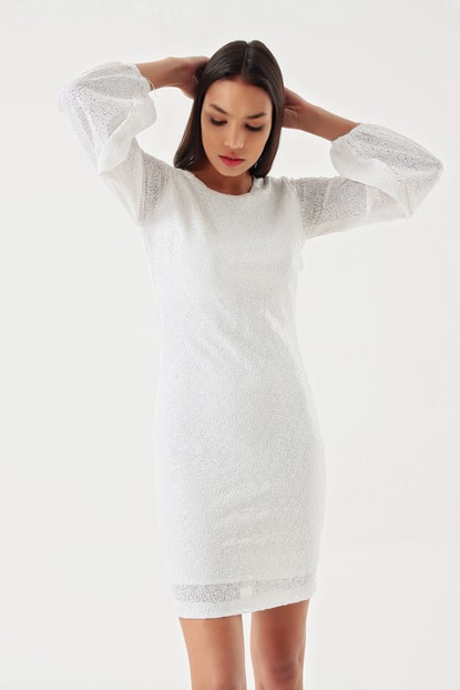 White Stamps Sequin Mini Evening Dress