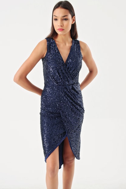 Navy Blue Collar Double-breasted Short Stamp Sequin Evening Dress