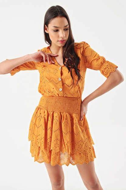 Mustard Scallops Detailed Blouse Skirt Set