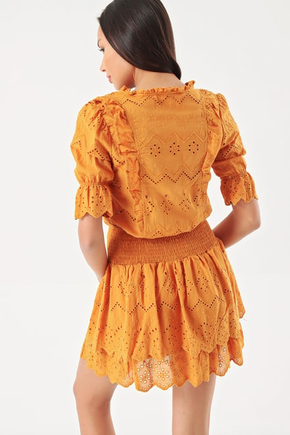 Mustard Scallops Detailed Blouse Skirt Set