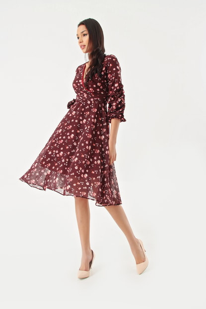Bordeaux Floral Patterned Short Sleeve Chiffon Dress with ruffles