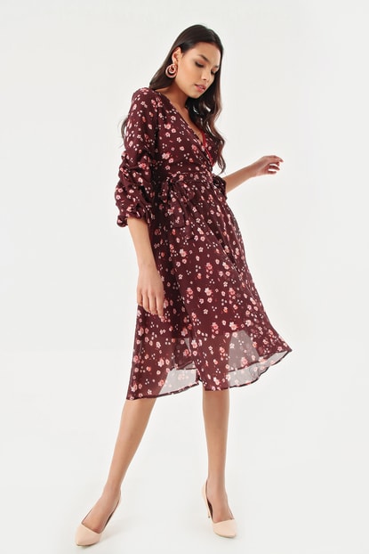 Bordeaux Floral Patterned Short Sleeve Chiffon Dress with ruffles