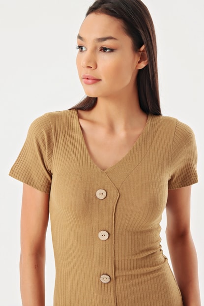 Beige Button Detail Sweater Dress