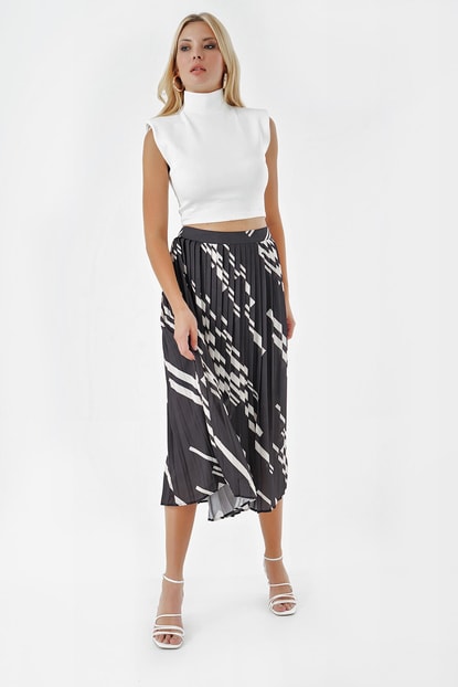 Textured Satin Black and White Length Midi Skirt