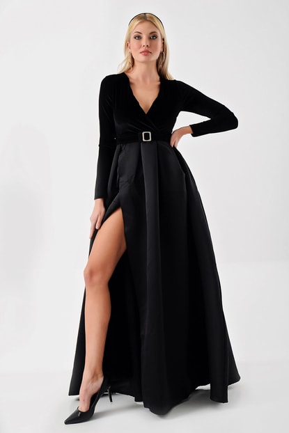 Slit on Black Velvet Skirt Satin Evening Dress Design