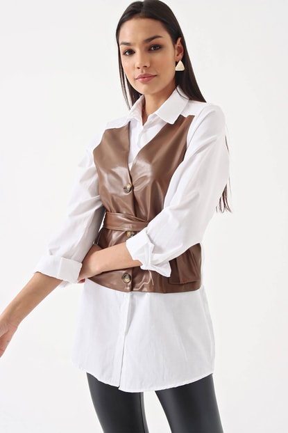 White Leather Detail Belted Shirt