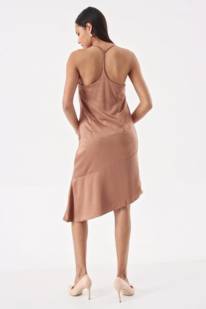 Brown asymmetrical cuts rope strap Satin Dress