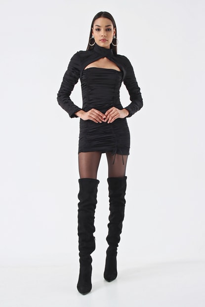 Siyah Büzgülü Mini Elbise