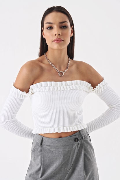 Frilly White Shoulder Blouse Sweater
