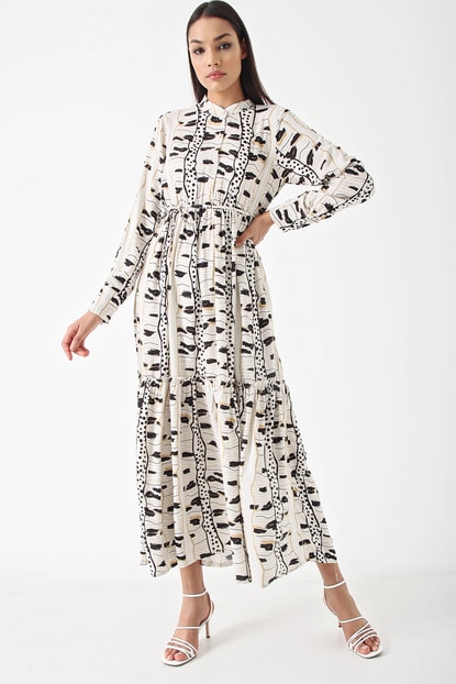 Cream Patterned Midi Length Dress