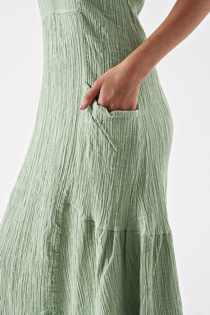 Rope Green Hanging Pockets Linen Dress