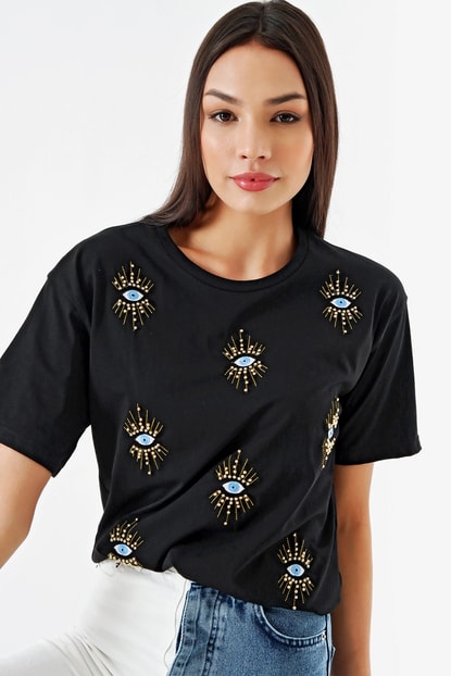 Black Embroidery Detail Design T-Shirts