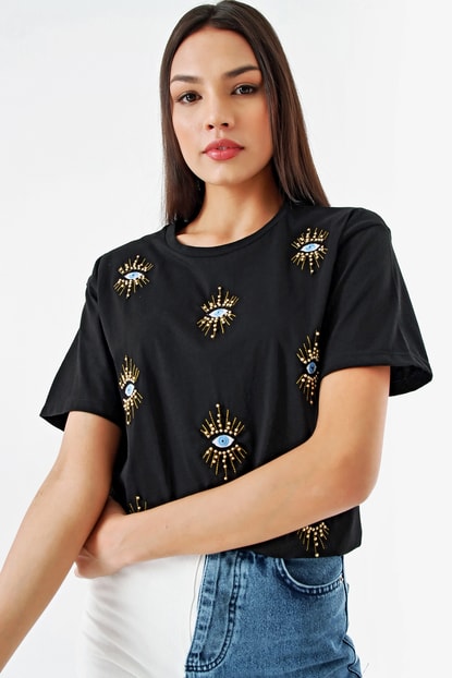 Black Embroidery Detail Design T-Shirts