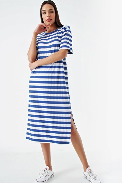 Blue Striped Dress Slit