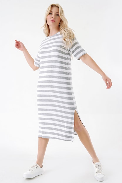 Gray Striped Dress Slit