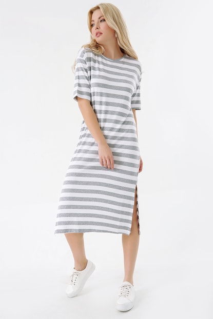 Gray Striped Dress Slit