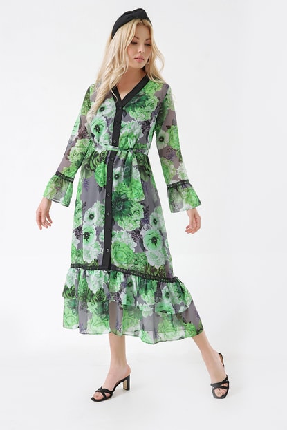 Inside Green Lined Chiffon Dress Length Midi