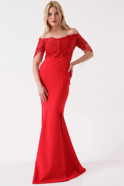 Red Guipure Processing Evening Dress