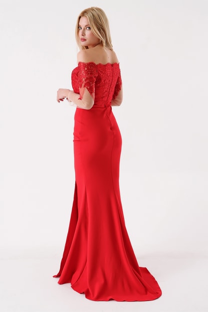 Red Guipure Processing Evening Dress