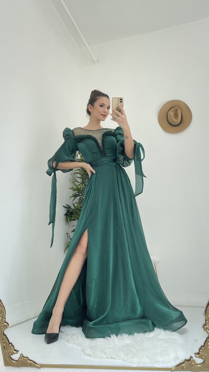 Yeşil Kayık Yaka Prenses Model Abiye Elbise