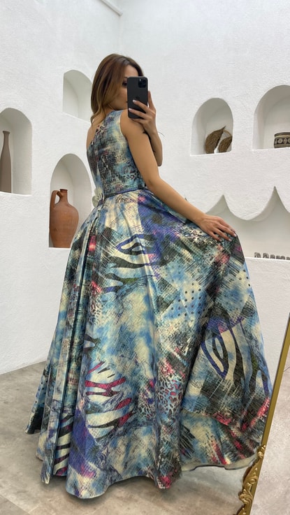 Turkuaz Bel Ve Omuz Çiçek Detay Renkli Abiye Elbise