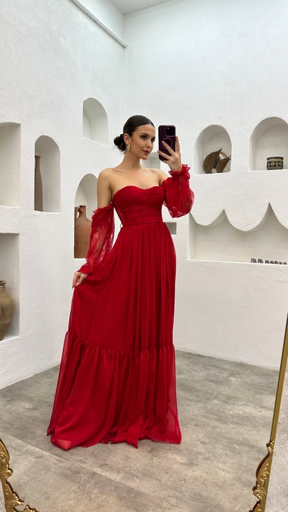 Kırmızı Straplez Kol Detay Şifon Abiye Elbise