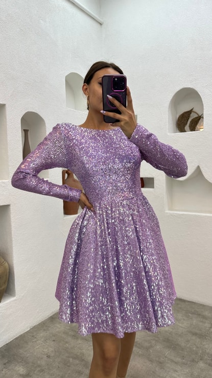 Lila Pul Payet Mini Abiye Elbise