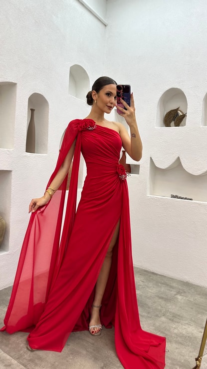 Kırmızı Tek Omuz Gül Detay Drapeli Abiye Elbise