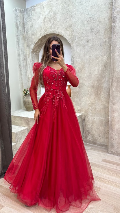 Kırmızı V Yaka Taş İşlemeli Tül Abiye Elbise صورة المنتج