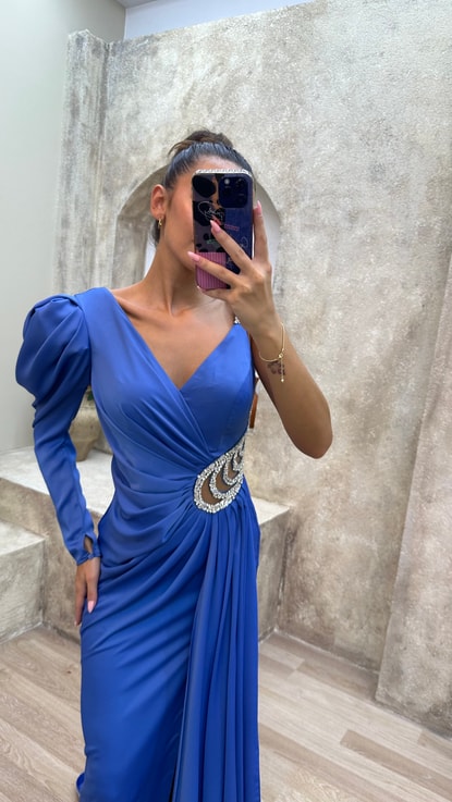 Mavi Tek Kol Bel Detay Drapeli Abiye Elbise