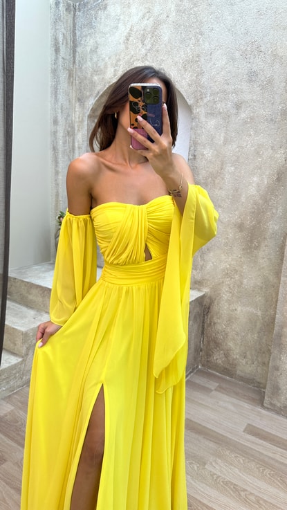 Sarı Kol Ve Göğüs Detay Şifon Abiye Elbise