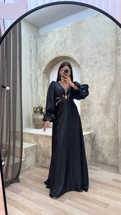 Siyah Balon Kol Sırtı İp Detay Abiye Elbise