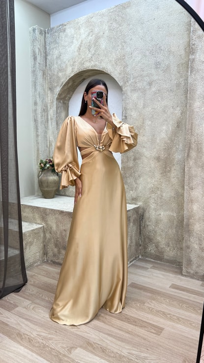 Bej Balon Kol Sırtı İp Detay Abiye Elbise