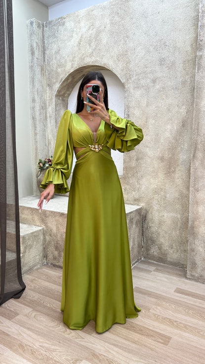 Yeşil Balon Kol Sırtı İp Detay Abiye Elbise
