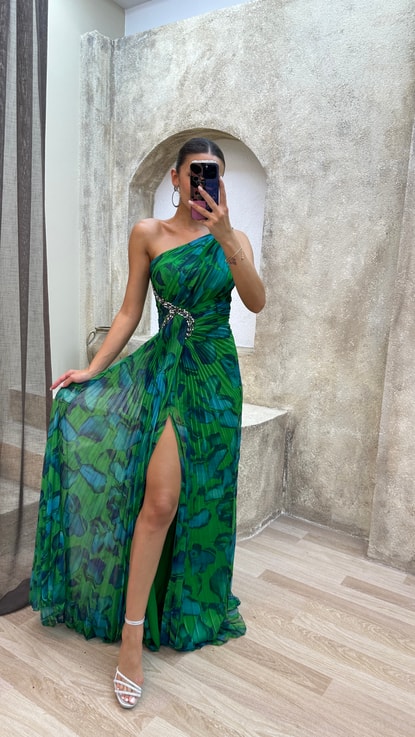 Yeşil Tek Omuz Beli İşlemeli Desenli Elbise