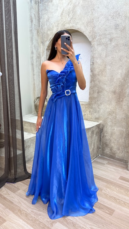 Mavi Tek Omuz Tül Detay Kemerli Abiye Elbise product image