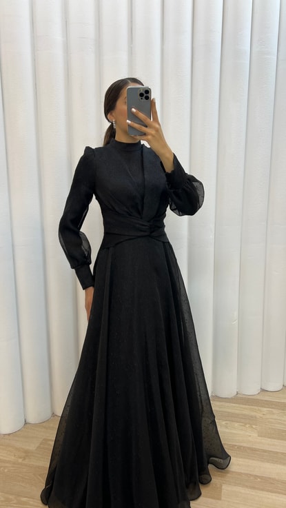 Siyah Balon Kol Bel Detay Tasarım Abiye Elbise